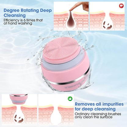 Electric Facial Cleaner with 6 Modes & 3 Light Effects, Rechargeable Waterproof Face Scrubber for Women and Men, Includes Extra Brush Head, Easy-Clean Hanging Design (Pink)