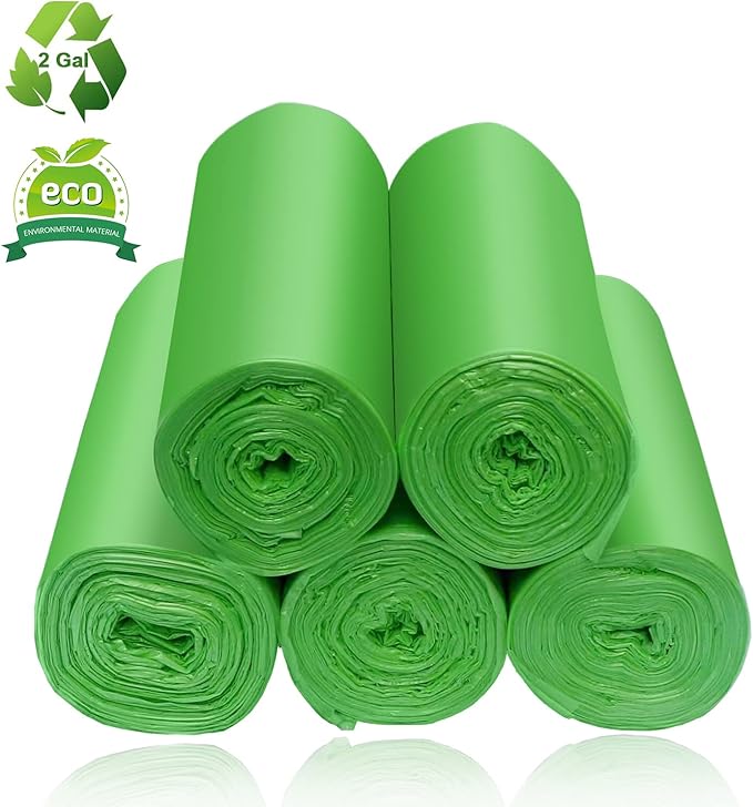 2 Gallon Compostable Trash Bags Small Biodegradable Garbage Bags 7.5 Liters Wastebasket Trash Liners for Bathroom Office Bedroom, Green 100 Counts
