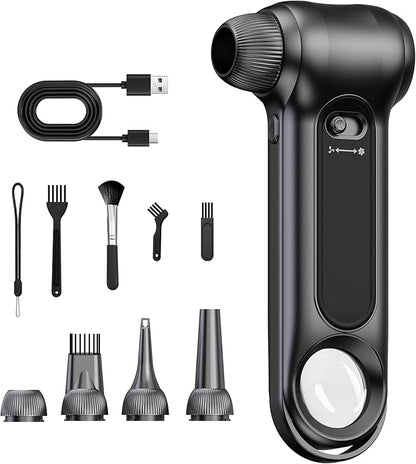 Compressed Air Duster 150000RPM Brushless Motor, Stepless Speed, Rechargeable Powerful Cordless Blower, Portable Air Duster with LED & Magnifier, Nozzle Kit for Keyboard Electronics Car Home (Black)