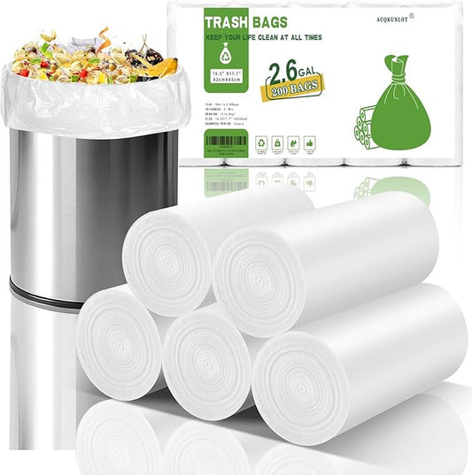 2.6 Gallon Small Trash Bags Bathroom - white Kitchen Mini Garbage Bags Biodegradable 200 Count Unscented Waste Basket Liners 10 Liter Tiny Office Car Strong Thick Bulk Acqkunlo