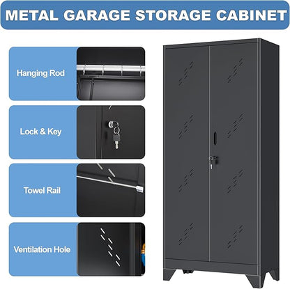 VASAAOSD Metal Garage Storage Cabinet with Locking Doors, 71" Tall Broom Closet Storage Cabinet, Heavy Duty Garage Organization Cabinets, Steel Cabinet with Hanging Rod, Assembly Required