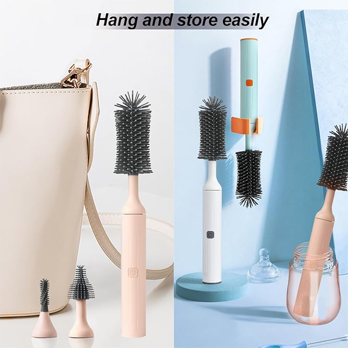 Electric Baby Bottle Brush Cleaner Set with Rechargeable Automatic Brush & Silicone Nipple/Straw Cleaners, Newborn Bottle Cleaning Kit - Perfect (Pink)