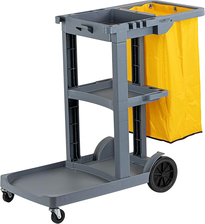 Restaurantware-Clean Tek Professional Janitor Cart with Wheels, 1 Cleaning Trolley with 18 Gallon Bag - 3 Shelves, Heavy-Duty, Gray Plastic Commercial Janitorial Cart, for Restaurants
