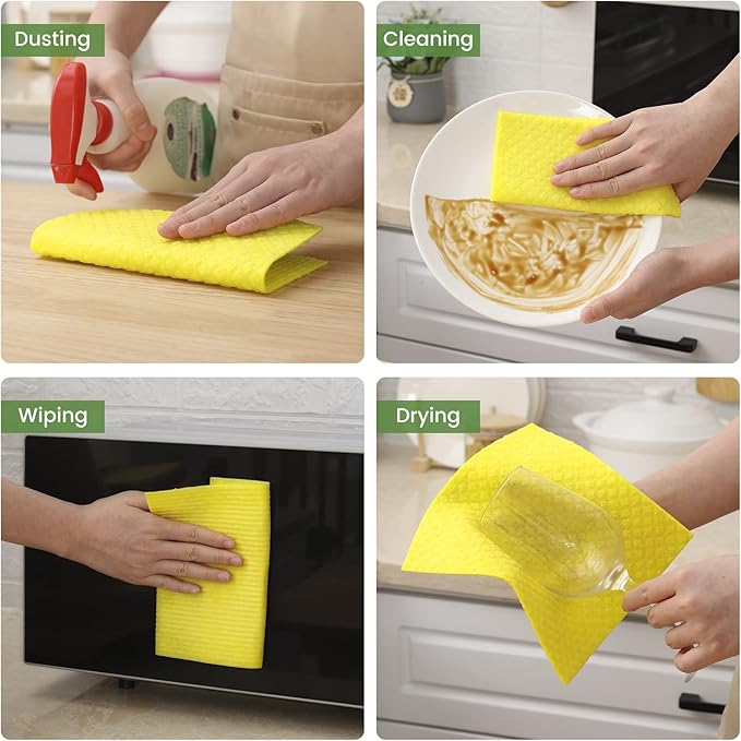 Homaxy Swedish Dishcloths for Kitchen, 15 Pack Reusable and Washable Cellulose Sponge Cloths Dish Towels, Absorbent and No Odor Paper Towels for Dishes ＆ Counters, Yellow