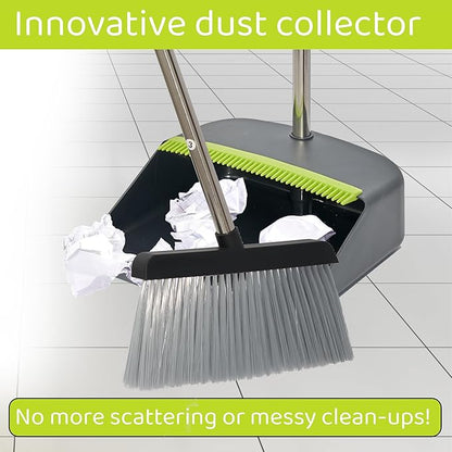 Broom with Dustpan Combo Set with Long Handles - Lightweight Indoor & Outdoor Broom and Dustpan Set for Home & Office - Broom with Stand Up Dustpan and Innovative Dust Collector