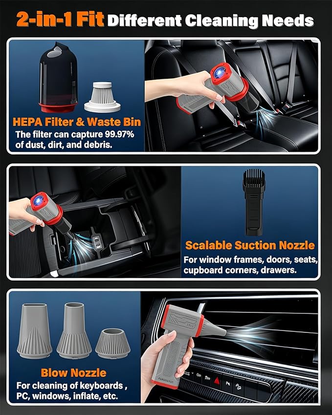 Compressed Air Duster, 130K RPM Powerful Cordless Mini Blower with Display, 10-Gear Adjustable Car Vacuum with Fast Charging, Rechargeable Handheld Vacuum for Home, Outdoor and Car (Gray, 2-in-1)