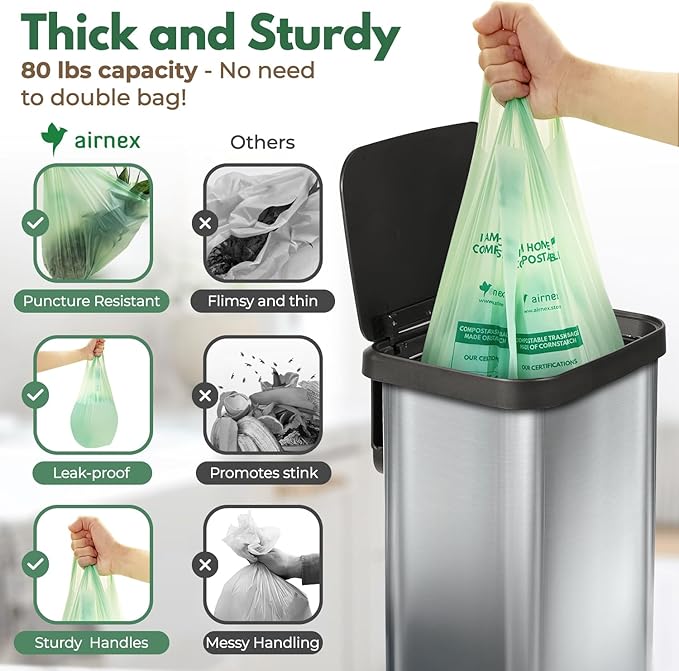 AIRNEX Compostable Kitchen Trash Bags 13 Gal - Cornstrarch Leakproof & Tear Resistant 50 Compost Bags - OK Compost Home & Seedling Certified 0.25 mm Kitchen Garbage Bags