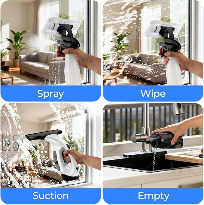 Cordless Window Vacuum Squeegee, Electric Window Cleaner Squeegee with 2000Pa Suction, 280mm Wide Blade, 150ml Tank for Shower Glass, Mirrors, Tiles & Car Windows