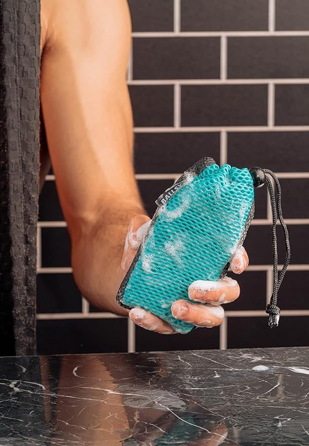 Ballsy Handy Shower Tool - Sud Sack Soap Pouch, Exfoliating Sponge for Baths and Showers - Compatible with Related Bars, Blue