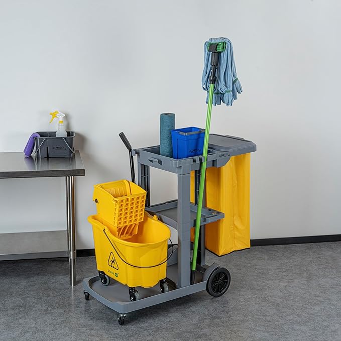 Restaurantware-Clean Tek Professional Janitor Cart with Wheels, 1 Cleaning Trolley with Cover and 18 Gallon Bag - 3 Shelves, Heavy-Duty, Gray Plastic Commercial Janitorial Cart, for Restaurants