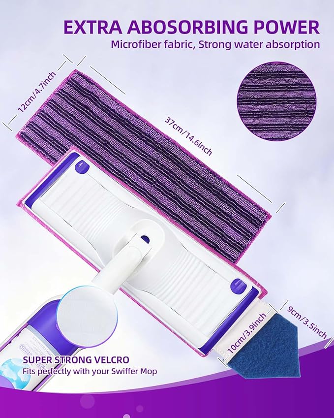 Reusable Power Mop Refills Pads with Unique Scrubbing Pads Compatible with Swiffer PowerMop Microfiber Power Mop Pads Refill for 13-15'' Spray Mops Washable Pads for Multi-Surface Floor Cleaning 8PCS