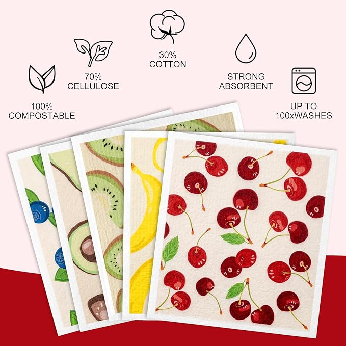 5-Pack Dishcloths for Kitchen - Swedish Dish Cloths - Soft Absorbent Reusable Paper Towels Washable - Quick Drying, Bar Hand Washing - Dishwasher Safe