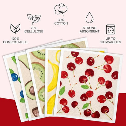 5-Pack Dishcloths for Kitchen - Swedish Dish Cloths - Soft Absorbent Reusable Paper Towels Washable - Quick Drying, Bar Hand Washing - Dishwasher Safe