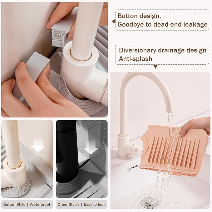 23" Extra Long Silicone Faucet Handle Drip Catcher Tray,7° Sloped Self Draining Mat with Snap-on Design & Soap Holder, Trim-to-Fit Opening,Sink Splash Guard for Kitchen & Bathroom(Black)