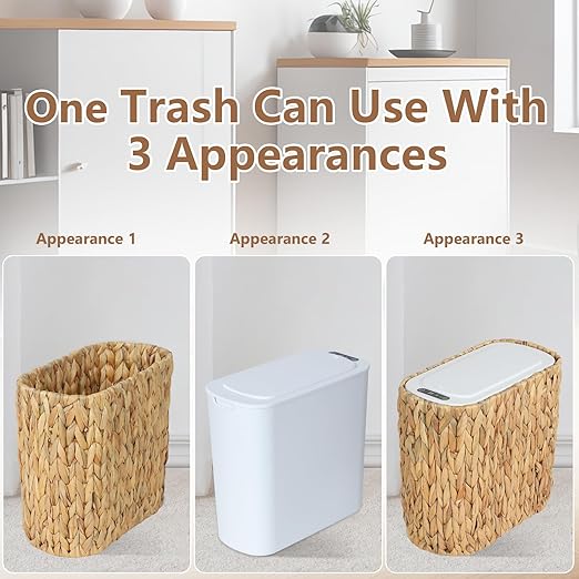 Trongee Boho Kitchen Trash Can with Lid,3.5 Gallon Automatic Small Rattan Trash Can,Slim Wicker Motion Sensor Garbage Can and Hamper 2 in 1 for Bathroom,Narrow Waste Basket for Office, Living Room