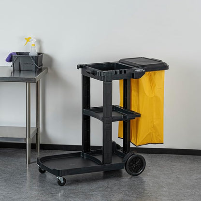 Restaurantware-Clean Tek Professional Janitor Cart with Wheels, 1 Cleaning Trolley with Cover and 18 Gallon Bag - 3 Shelves, Heavy-Duty, Black Plastic Commercial Janitorial Cart, for Restaurants