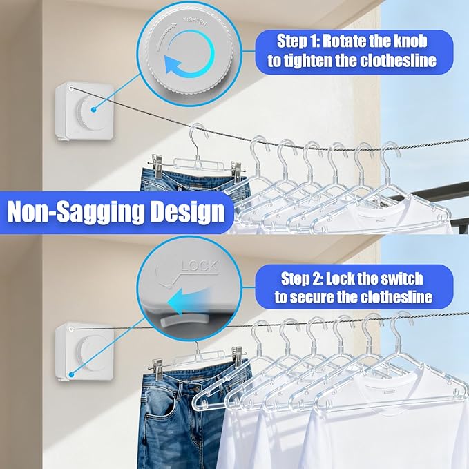 Retractable Clothesline Indoor & Outdoor, 17.4 Ft Non-Sagging Laundry Washing Line with Wall Mounted Heavy Duty, Space-Saving Clothing Drying Rack with Telescoping Hanger (1, Upgraded White)