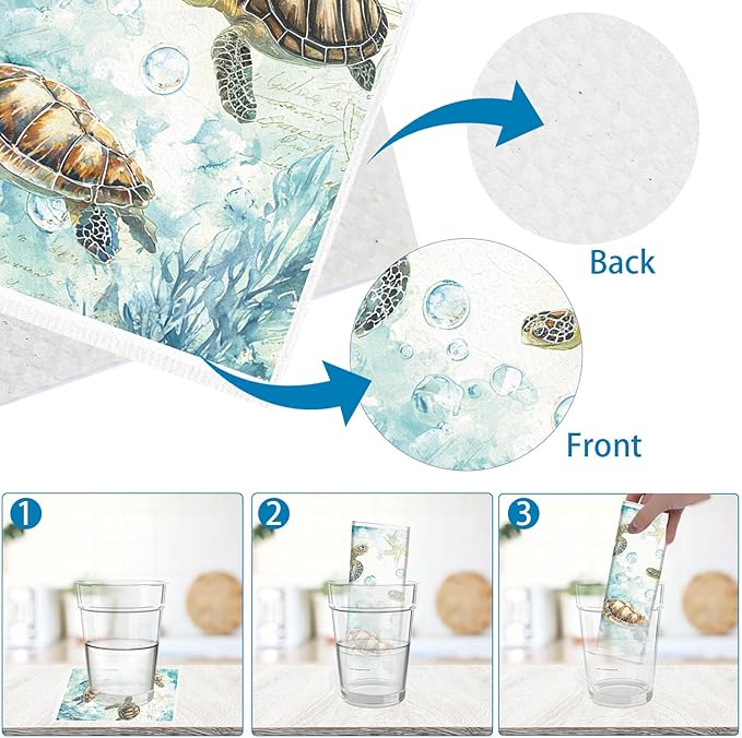 Swedish Dishcloths for Kitchen, 6PCS Sea Turtle Swedish Dish Cloths Gift Set, Starfish Reusable Washable Absorbent Dish Towel for Home Cleaning(7.8 X 7 Inches)