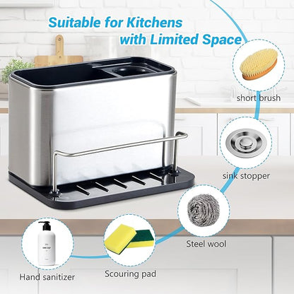 Kitchen Sink Organizer Stainless Steel, Stainless Steel Kitchen Sink Organizer, Compact Multi-Compartment Caddy for Sponges, Brushes & Cleaning Supplies, Rust-Resistant, Easy to Clean