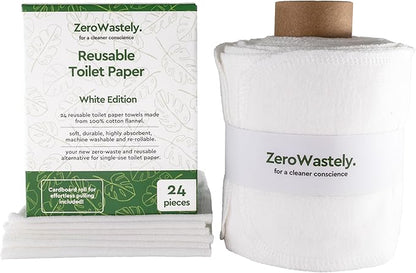 ZeroWastely 24 Reusable Toilet Paper Washable Roll - Bidet Towels Washable Toilet Paper - Cut Back & Waste Less with our Colored Super Soft, Absorbent & Re-Rollable Cloth Wipes - White Edition