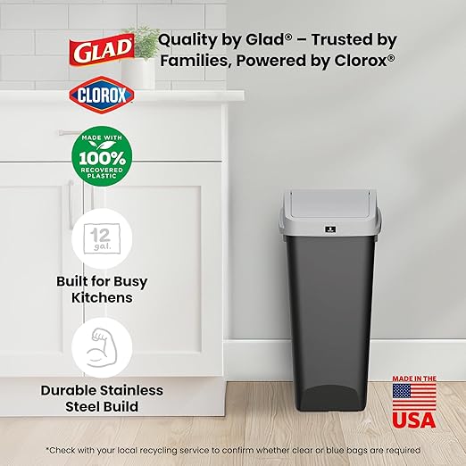 Glad 12 Gallon Trash Can with Clorox Odor Protection, 3 Pack | Linkable Waste and Recycling Bin with Swing Top and Lift Up Lid, for Kitchen, Office, Home, Black