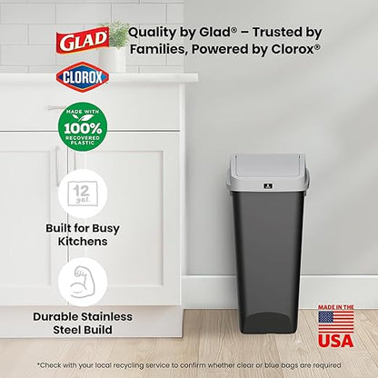 Glad 12 Gallon Trash Can with Clorox Odor Protection, 3 Pack | Linkable Waste and Recycling Bin with Swing Top and Lift Up Lid, for Kitchen, Office, Home, Black
