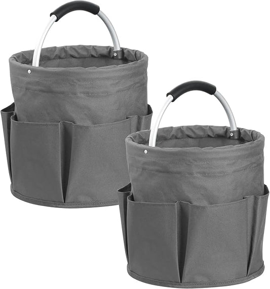 2Pcs Cleaning Caddy with Handle and 6 Pockets, 17L Foldable Cleaning Tote Bag, Portable Shower Caddy in 600D Oxford Fabric, Multifunctional Storage Basket for Camping, Garden, Dark Gray