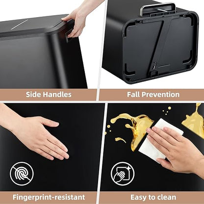 GAOMON Dual Bin Rectangular Trash Can, Stainless Steel Waste Bin with Lid, 30 Liters (2 X 15 L), Trash Can with Recycling Bin Combination, Soft Close and Airtight Lid - Black
