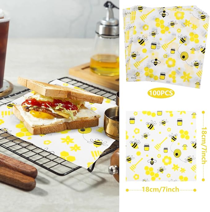 GeeRic 100 Pcs Wax Paper Sheets for Food, 7 * 7 Inch Bee Day Wax Paper Sandwich Wrap Deli Wraps, Oil-Proof Picnic Basket Liners with Bee Pattern for Memorial Day