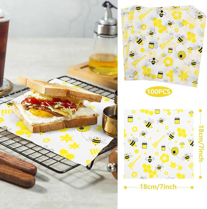GeeRic 100 Pcs Wax Paper Sheets for Food, 7 * 7 Inch Bee Day Wax Paper Sandwich Wrap Deli Wraps, Oil-Proof Picnic Basket Liners with Bee Pattern for Memorial Day