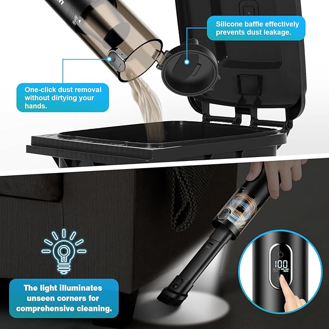 Upbooz Car Vacuum, Handheld Vacuum Cordless with 14000PA Powerful Suction with LED Light, Air Duster 2-in-1,Low Noise Rechargeable Portable Vacuum Cleaner for Car Home Pet Office