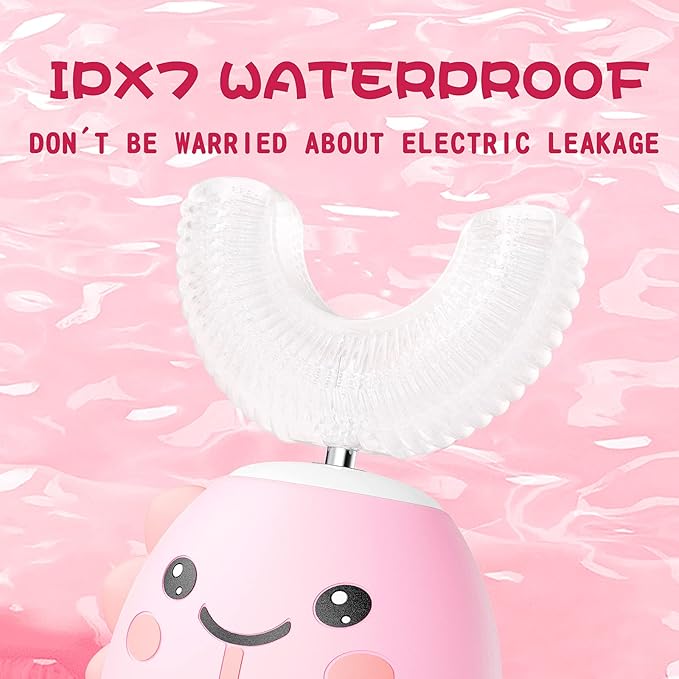 DYCROL Kids U Shaped Electric Toothbrush with 4 Brush Heads, Sonic Toothbrush Kids with 5 Modes, Cartoon Dinosaur 360-Degree Cleaning IPX7 Waterproof Design (6-12 Age (Pink))