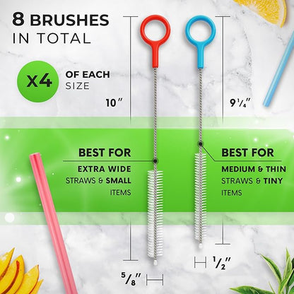 Buenalife Heavy Duty Cleaning Brushes Set of 8 - Extra Long Straw Cleaners for Metal and Plastic Reusable Drinking Straws, to Clean Small Spaces, Sippy Cups, Water Bottles - Sturdy Hard Brush Bristles