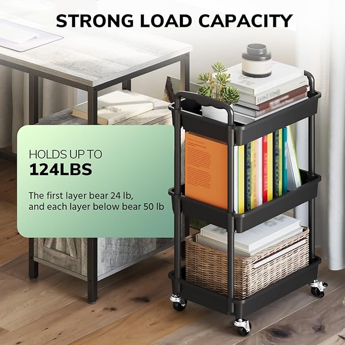 Goovilla Rolling Storage Cart, 3 Tier Rolling Utility Cart Organizer on Lockable Wheels, Charcoal Fruit Vegetable Storage Rack Also for Kitchen, Cans, Snack, Craft, Art, Office, Beauty
