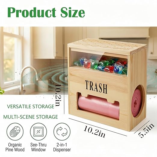 Wooden 2-in-1 Trash Bag Dispenser & Dishwasher Laundry Pods Container, Large Trash Bag Holder with Magnetic Flip Lids, Garbage Bag Dispenser for Kitchen Pantry Laundry Room Under Sink Organizer
