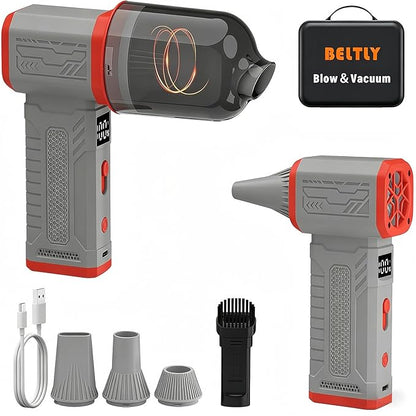 Compressed Air Duster, 130K RPM Powerful Cordless Mini Blower with Display, 10-Gear Adjustable Car Vacuum with Fast Charging, Rechargeable Handheld Vacuum for Home, Outdoor and Car (Gray, 2-in-1)