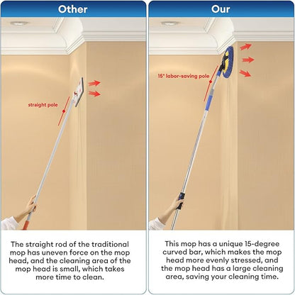 Wall Cleaner, Max 66'' Wall Mop with Long Handle, Ceiling Dust Mop with 15° Labor-Saving Elbow Extension Pole, Baseboard Duster Washer Scrubber, High Reach Window Cleaning Brush, Roof Cleaning Tool-BU