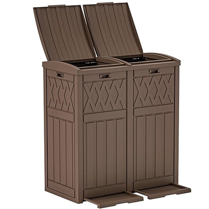 YITAHOME 76 Gallon Dual Compartment Outdoor Trash Can, Resin-Based with Layered Lid and Drip Tray, Waterproof Garbage Bin Brown