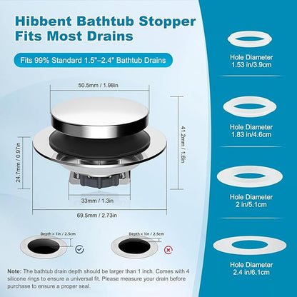 Hibbent 3 in 1 Metal Bathtub Drain Stopper, Universal Pop Up Tub Stopper, Bathtub Drain Hair Catcher, Removable Filter Basket, Anti-Clogging Drain Plug for 1.5''~2.4'' Drain, Brass Bullet Core, Chrome