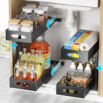 2 Pack Under Sink Pull Out Organizer, 2-Tier Adjustable Height Carbon Steel Storage Rack for Kitchen and Bathroom Cabinet, Black