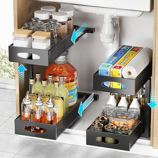 2 Pack Under Sink Pull Out Organizer, 2-Tier Adjustable Height Carbon Steel Storage Rack for Kitchen and Bathroom Cabinet, Black