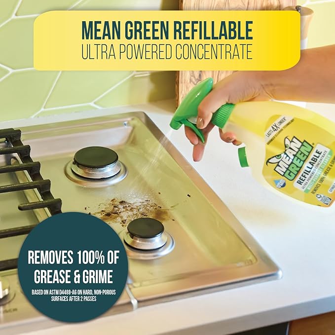 Mean Green Refillable Ultra Powered Multi-Purpose Cleaner Concentrate, Citrus & Green Tea, 14.3 fl oz – Plant & Mineral Based, Cuts Through Grease & Grime, Refillable Bottle Makes 4X Refills