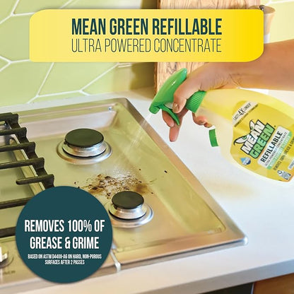 Mean Green Refillable Ultra Powered Multi-Purpose Cleaner Concentrate, Citrus & Green Tea, 14.3 fl oz – Plant & Mineral Based, Cuts Through Grease & Grime, Refillable Bottle Makes 4X Refills