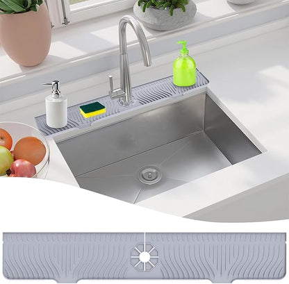 Longer Sink Splash Guard Mat 33 inch, Silicone Faucet Handle Drip Catcher Tray, Longer Silicone Sink Mat for Kitchen Bathroom, Drip Protector Splash Countertop (Grey)