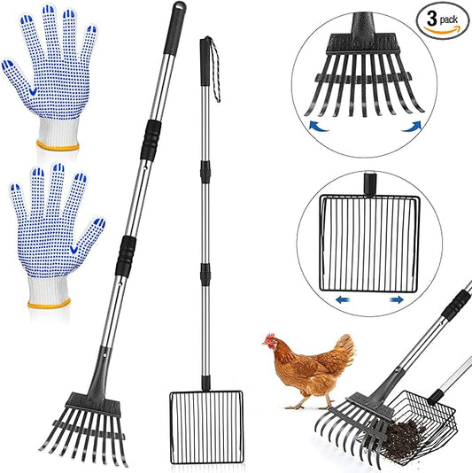 3 Pack Chicken Poop Scooper and Rake Anti Slip Dots Gloves Set Retractable 3 in 1 Litter Sifting Shovel Detachable Chicken Coop Cleaning Tools