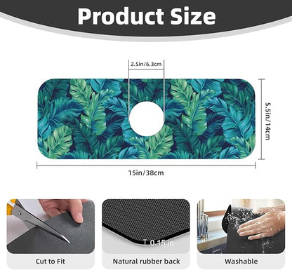 Palm Leaves Tropical Summer Green Hawaiian Kitchen Sink Splash Guard Faucet Mat Super Absorbent Fast Drying Mat Sink Gadgets-Fast Drying Pad Sink Mat For Kitchen Bathroom (15" X 5.5" )