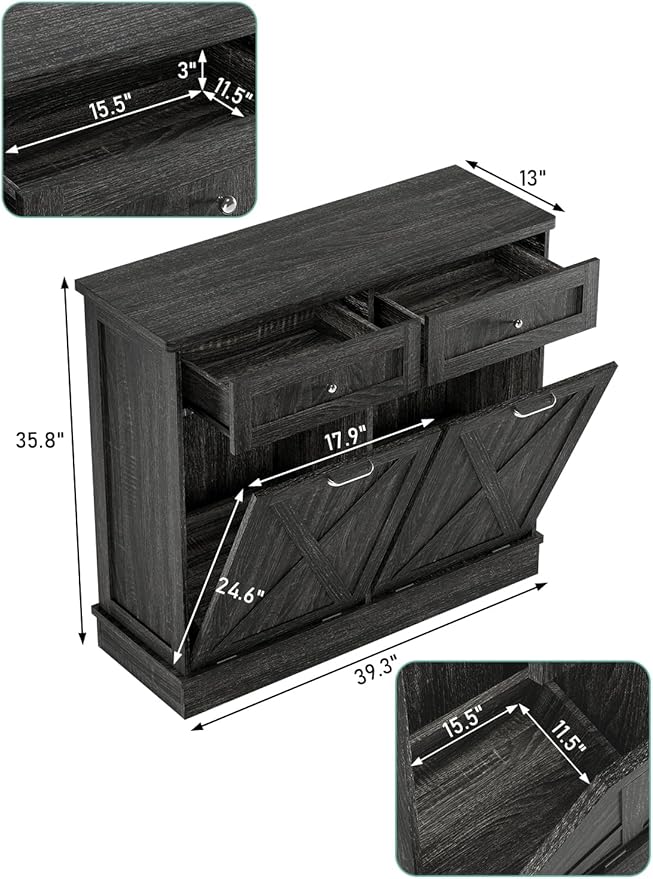 TOLEAD Double Tilt Out Trash Can Cabinet 2 x 10 Gallon Wooden Hidden Trash Cabinet with Barn Door & Solid Wood Top, Farmhouse Kitchen Garbage Bin Enclosure, Pet Proof Odor Blocking for Kitchen, Grey