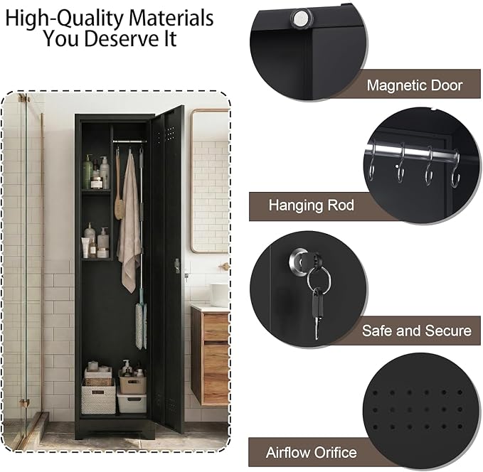 Slim Broom Closet Storage Cabinet, Black Metal Cabinets with Lock and & S-Hooks, Cleaning Supply Cabinet, Utility Closet Cabinets for Garage, Office, Gym