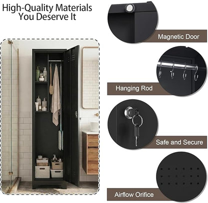 Slim Broom Closet Storage Cabinet, Black Metal Cabinets with Lock and & S-Hooks, Cleaning Supply Cabinet, Utility Closet Cabinets for Garage, Office, Gym
