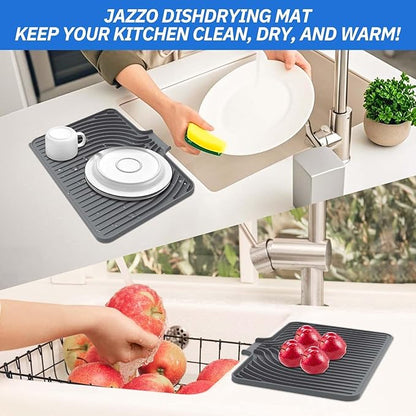 Dish Drying Mat for Kitchen Counter, with Built-in Drain Lip, Food-Grade Silicone, Easy Clean Pad for Countertop Protection, Multi-Functional Use (14.7x10.2, Grey)